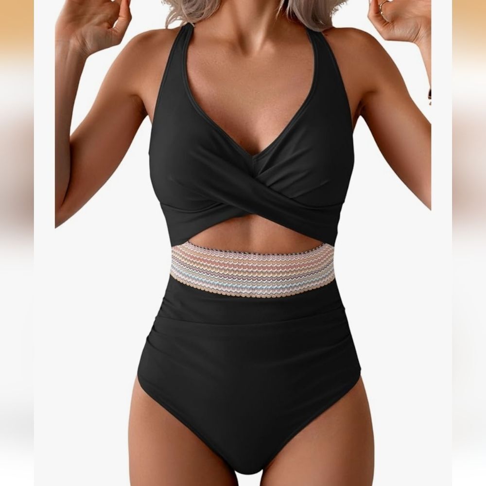 B2Prity Black One-Piece Swimsuit with Multicolor Woven Waistband - NWT